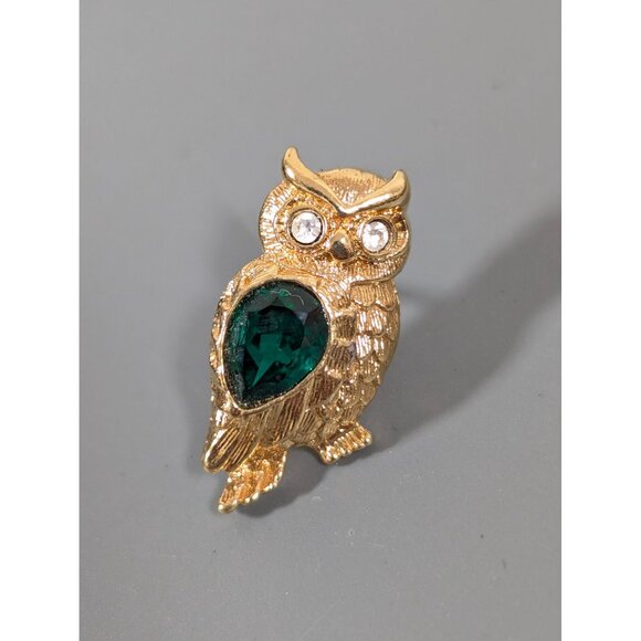 Vintage Avon Owl Green Rhinestone Small Tack Pin Brooch Birthstone - Picture 2 of 5